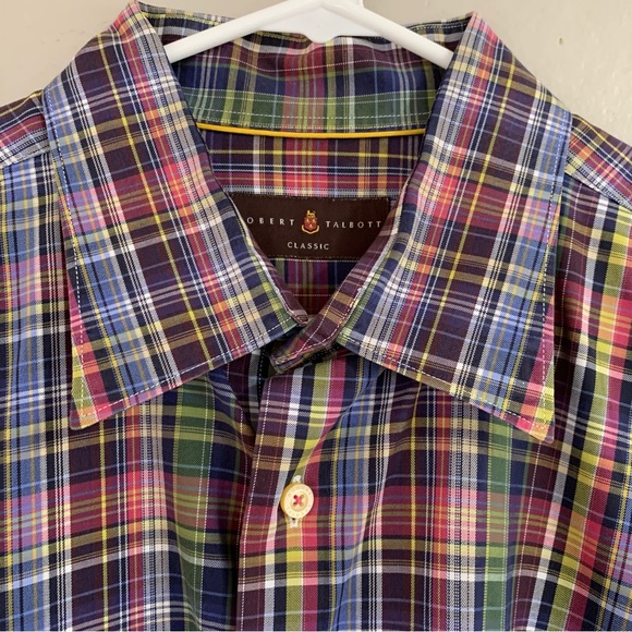 Men’s Red & Blue Plaid Robert Talbott Classic Long Sleeve Button Up Dress Shirt - Picture 3 of 5